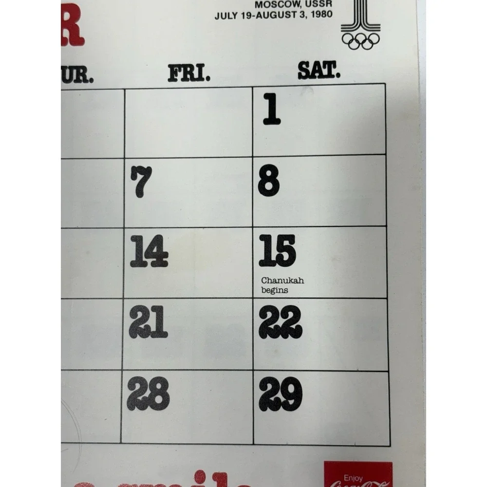 1979 1980‎ Coca Cola Calendar Coke Moscow Lake Placid Olympics Boycott Flame